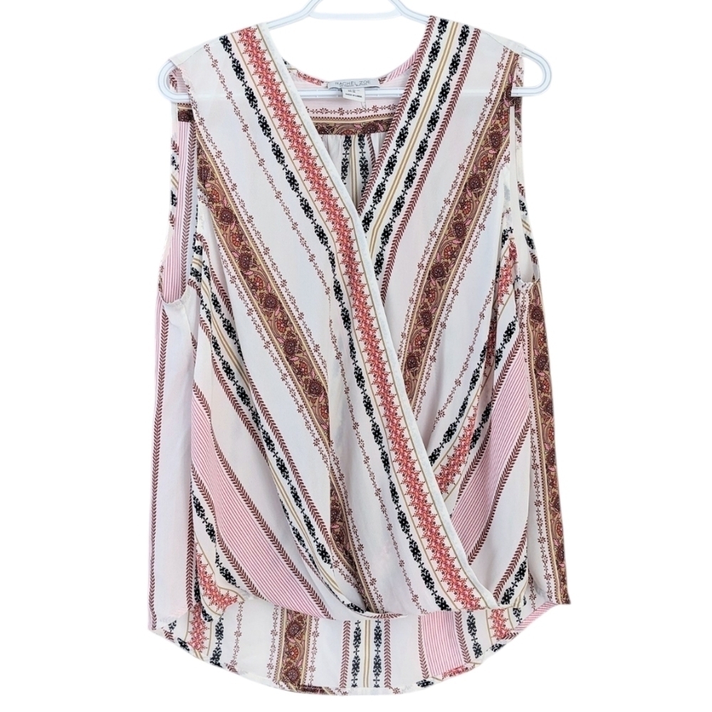 Rachel Zoe wrap up blouse tunic abstract flowers beige XL @L